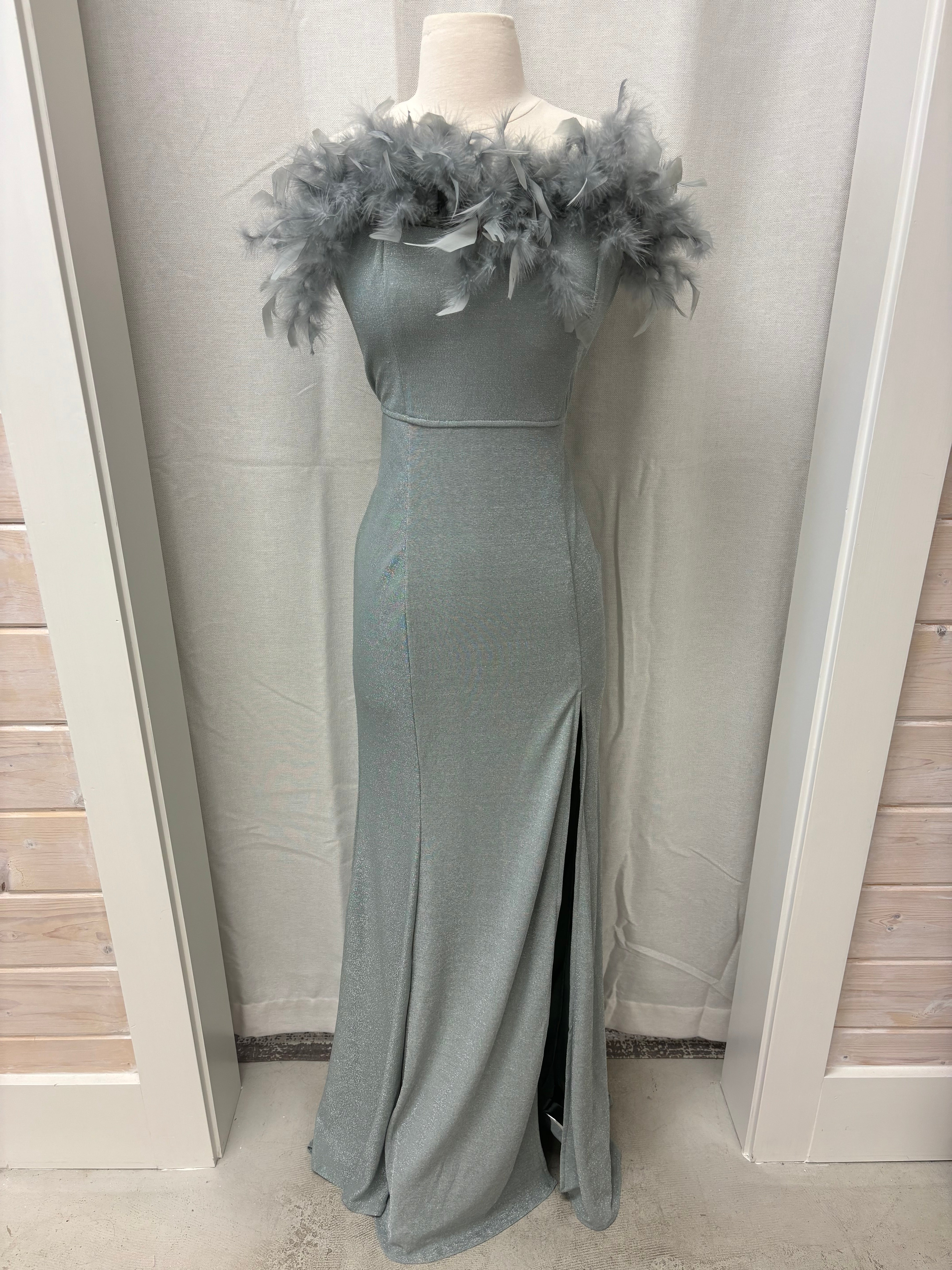Feather Trim Strapless Gown  Hemline Monroe