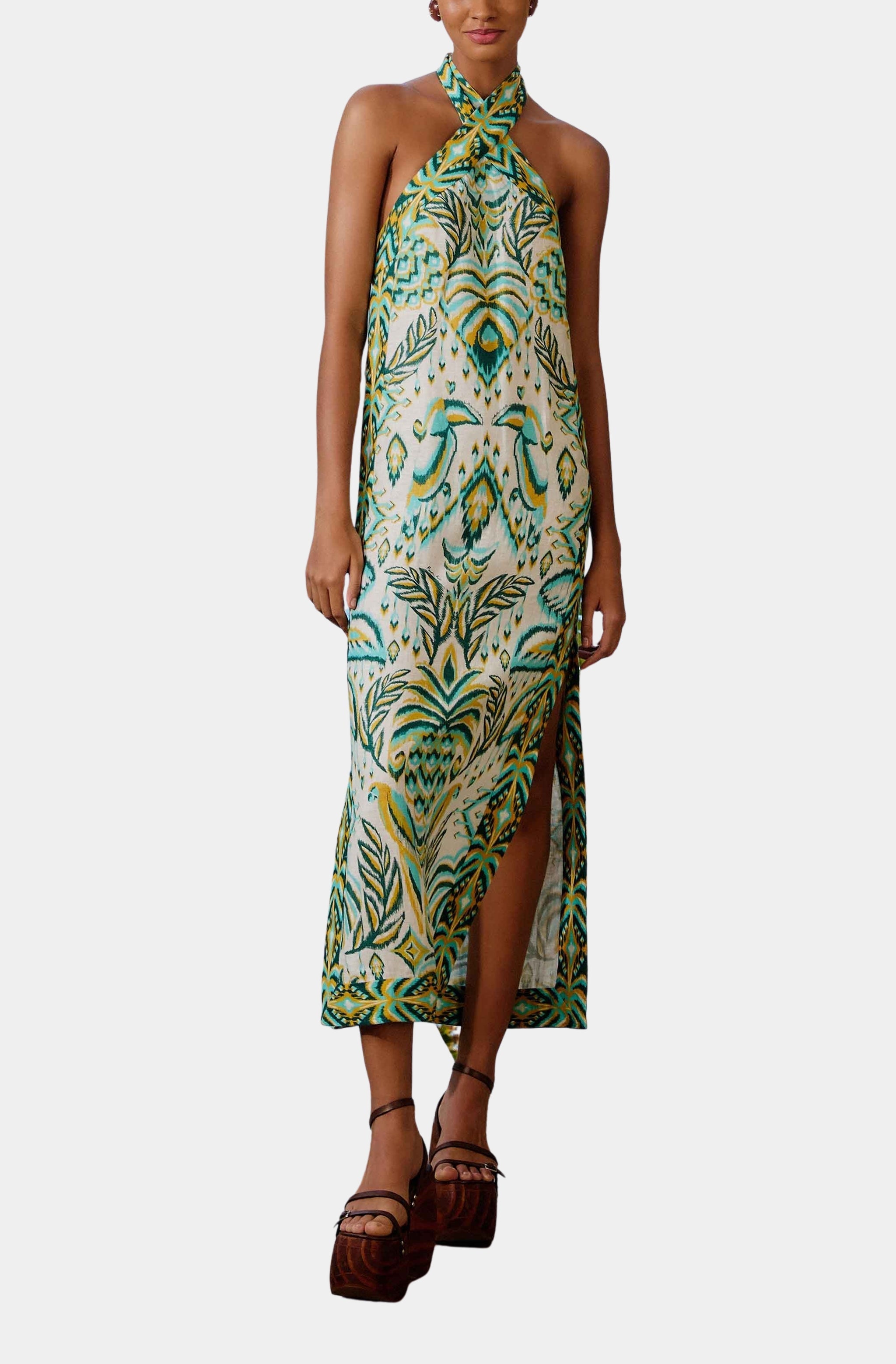 Tropical Tapestry Off-White Halter Neck Maxi Dress Hemline Monroe Tropical Tapestry Off-White Halter Neck Maxi Dress Hemline Monroe