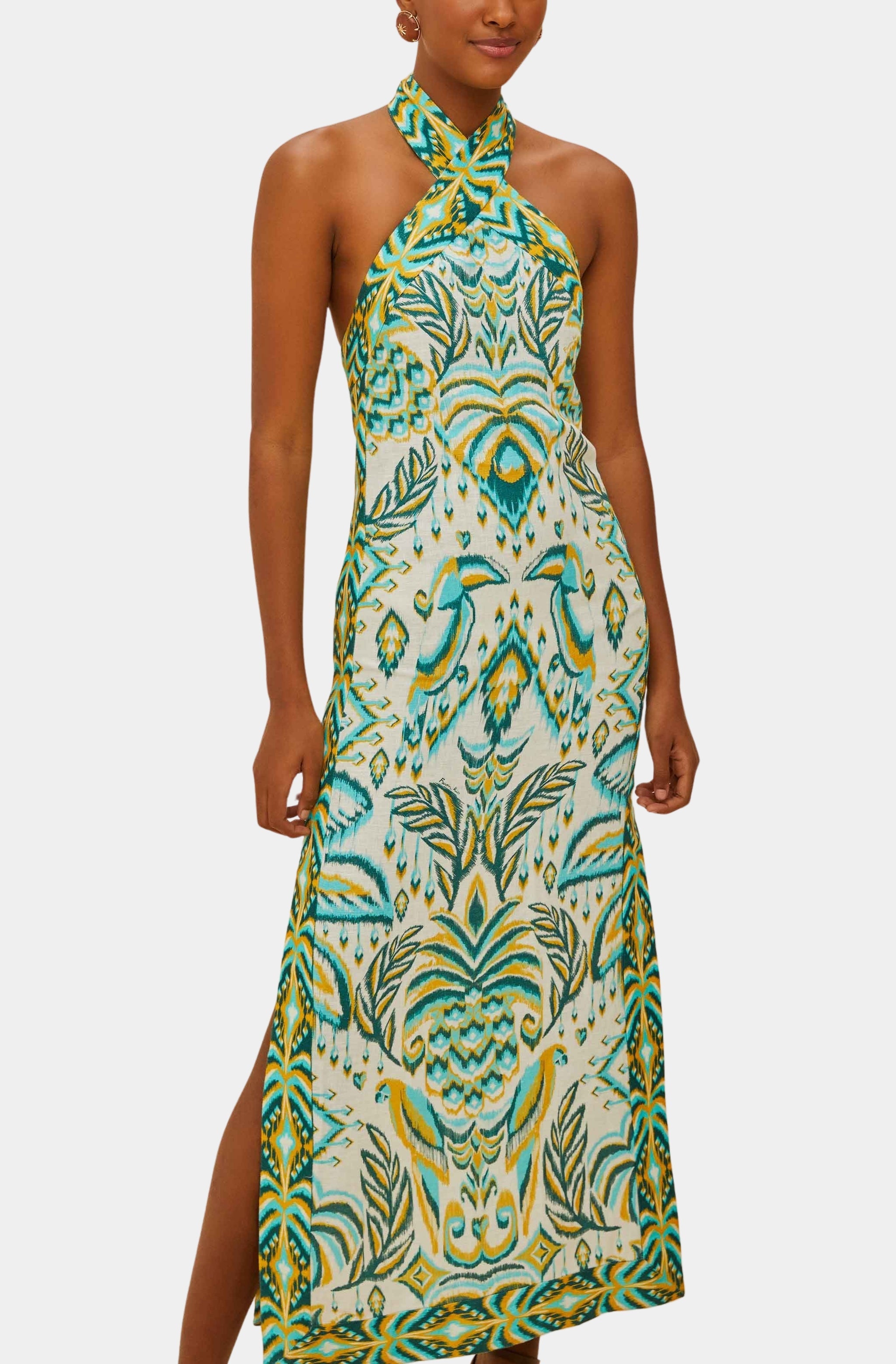 Tropical Tapestry Off-White Halter Neck Maxi Dress Hemline Monroe Tropical Tapestry Off-White Halter Neck Maxi Dress Hemline Monroe