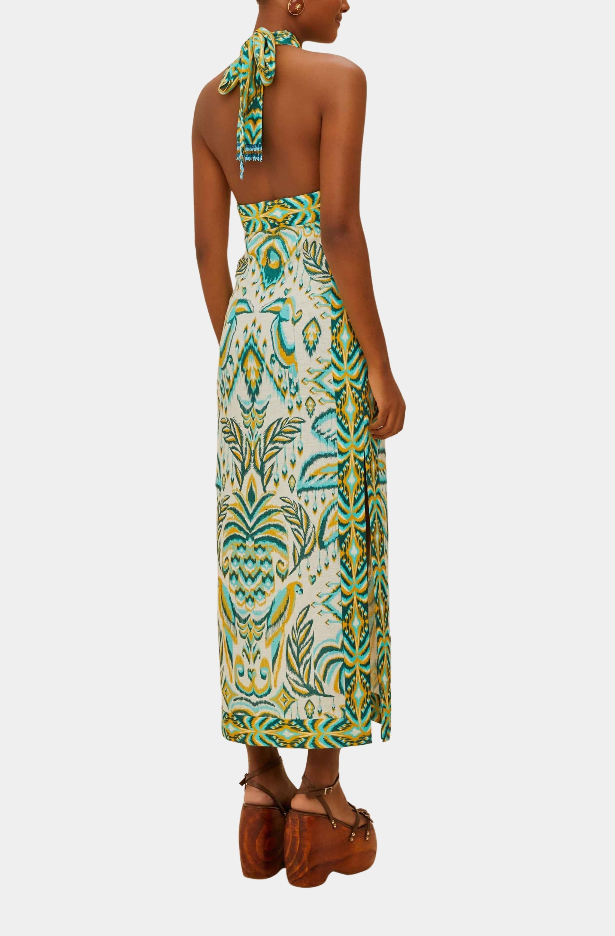 Tropical Tapestry Off-White Halter Neck Maxi Dress Hemline Monroe Tropical Tapestry Off-White Halter Neck Maxi Dress Hemline Monroe