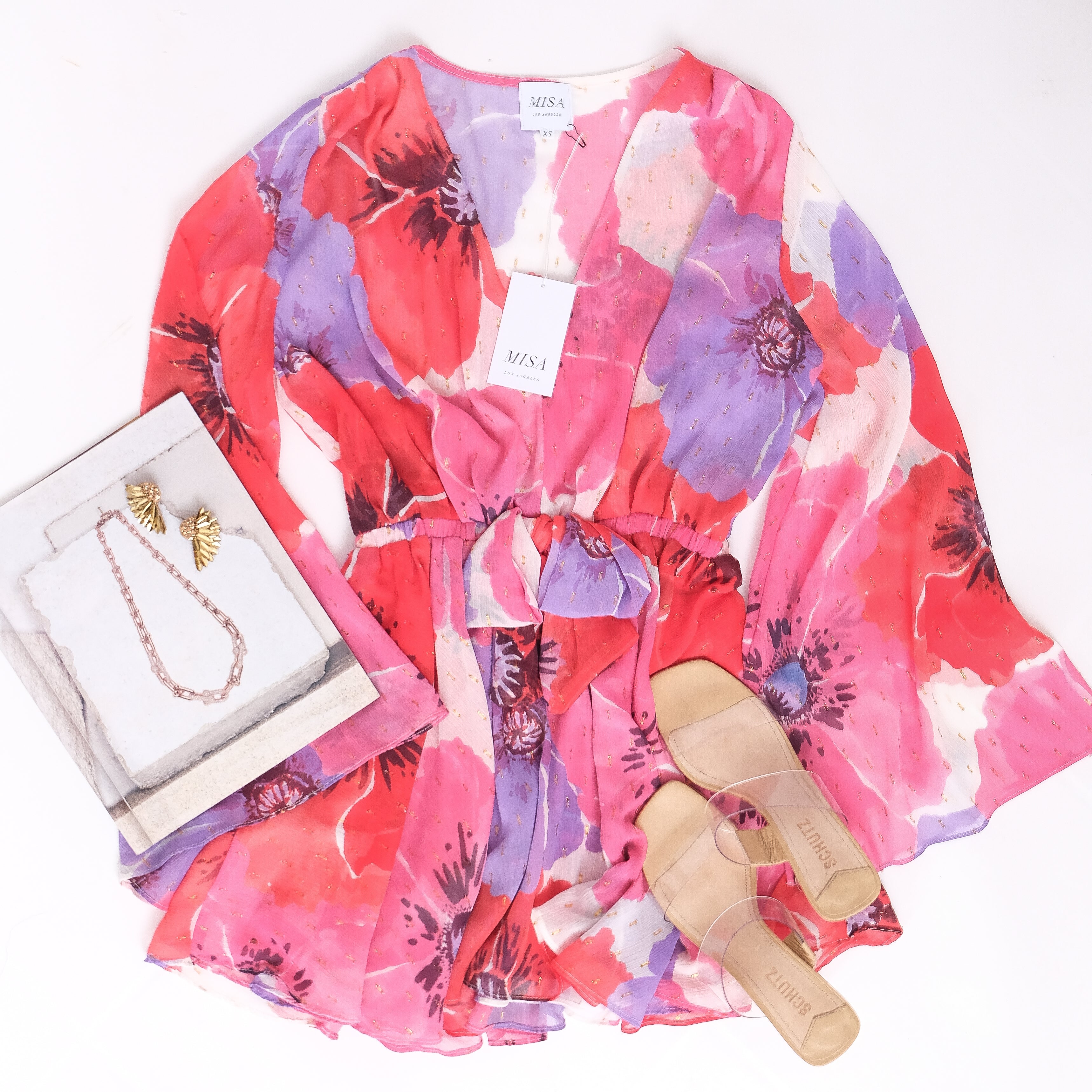 Kaia Bell-Sleeve Chiffon Mini Dress