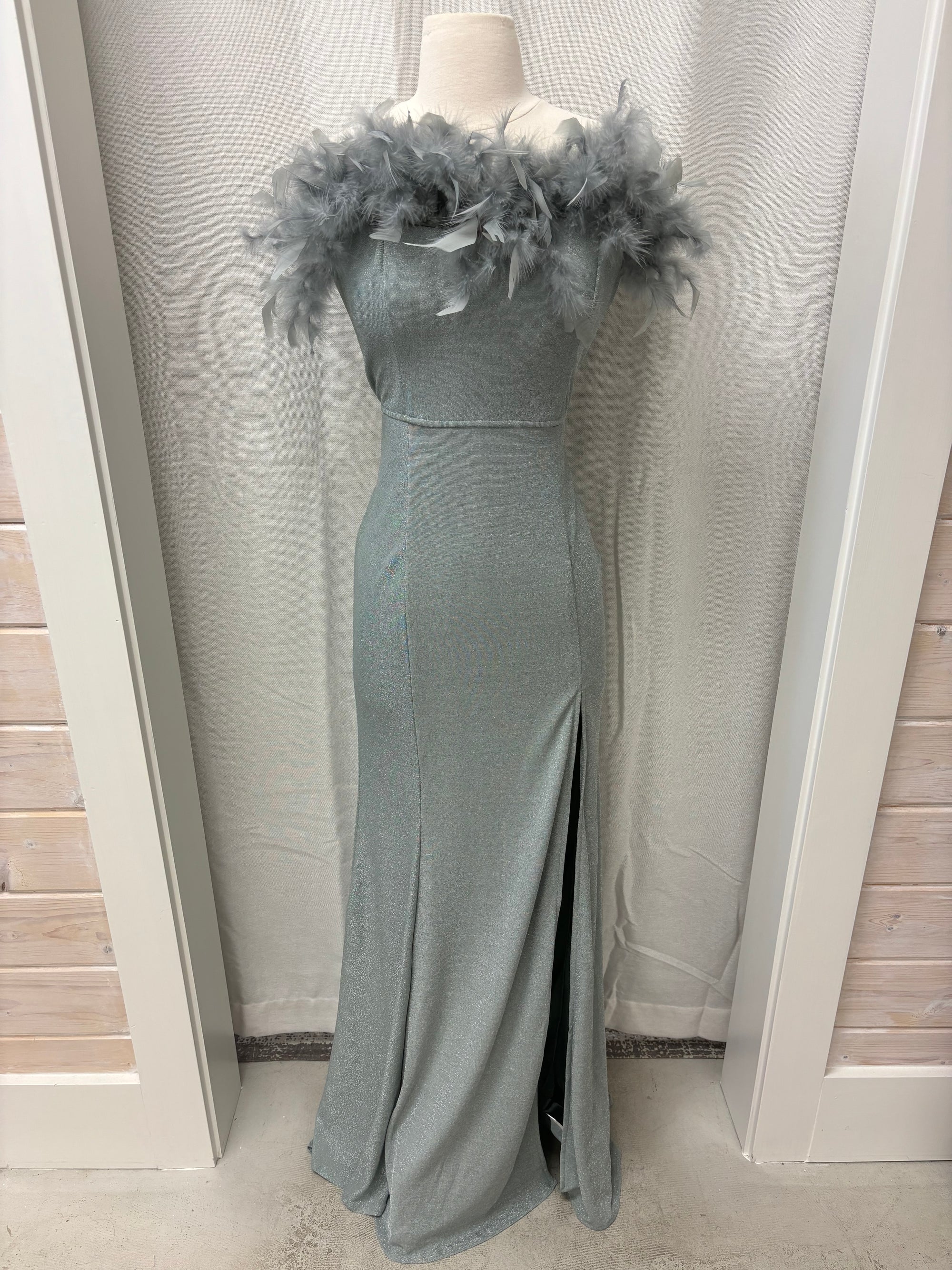 Feather Trim Strapless Gown