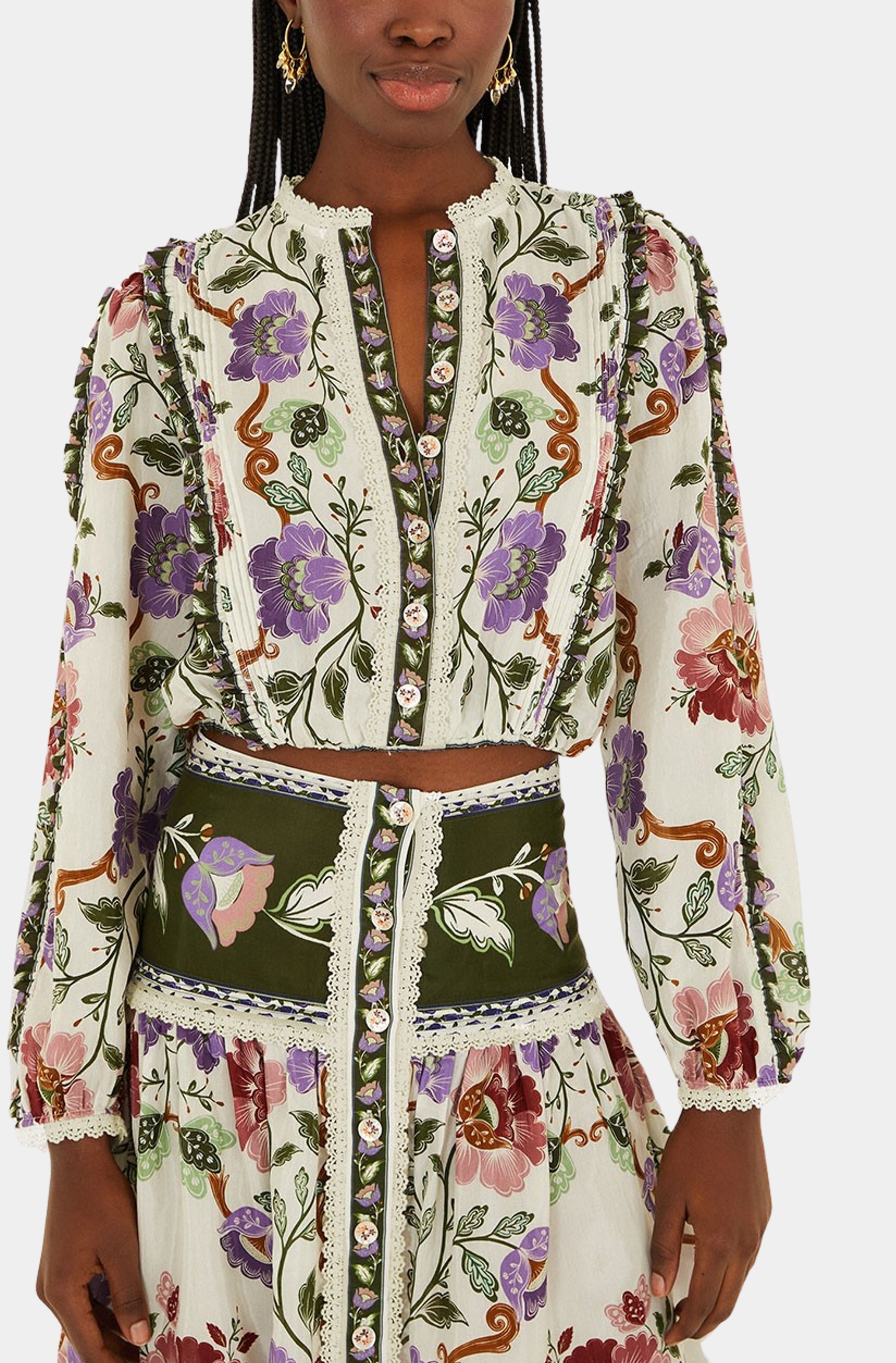 Rococo Flowers Cream Long Sleeve Blouse
