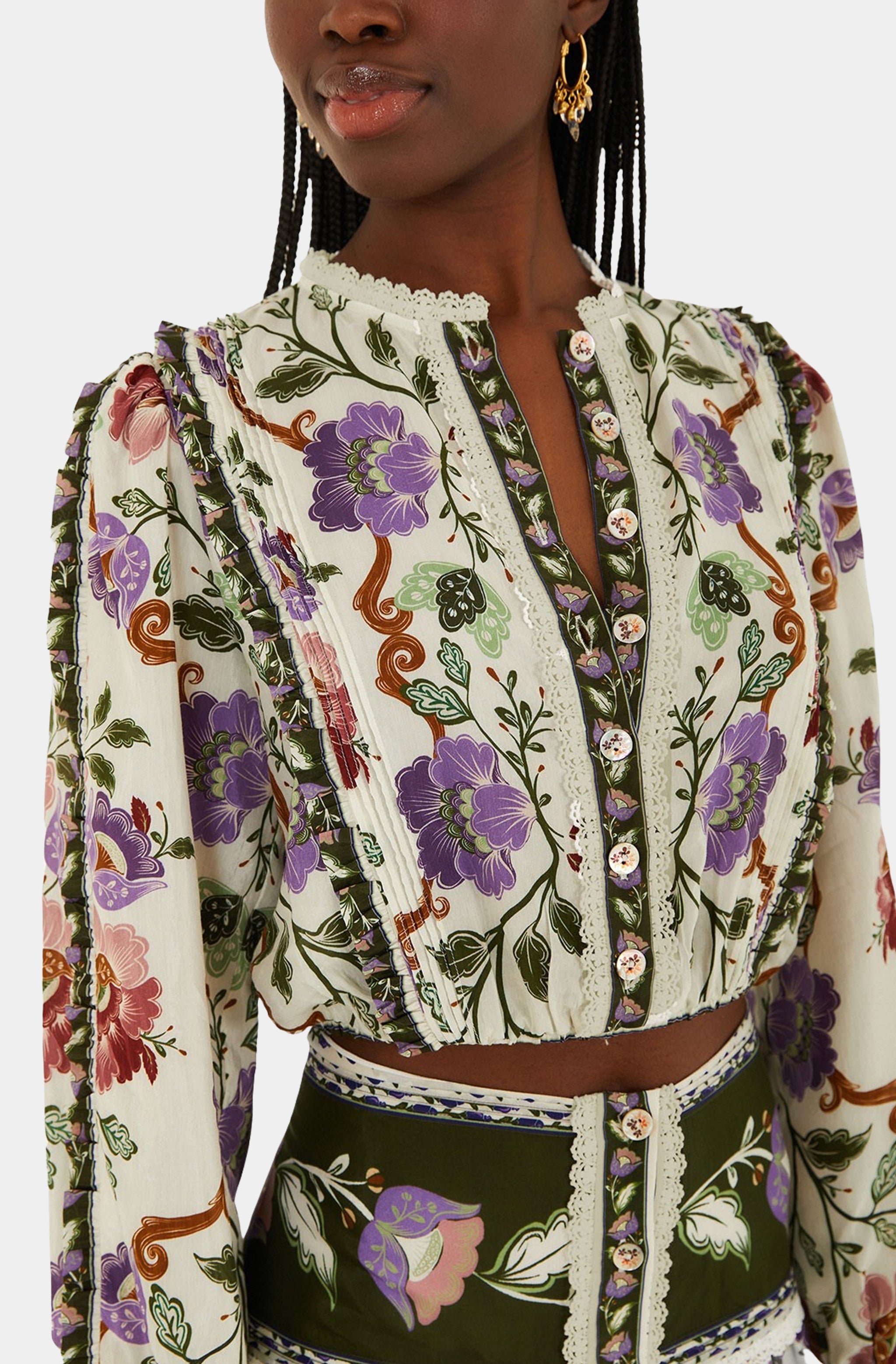 Rococo Flowers Cream Long Sleeve Blouse