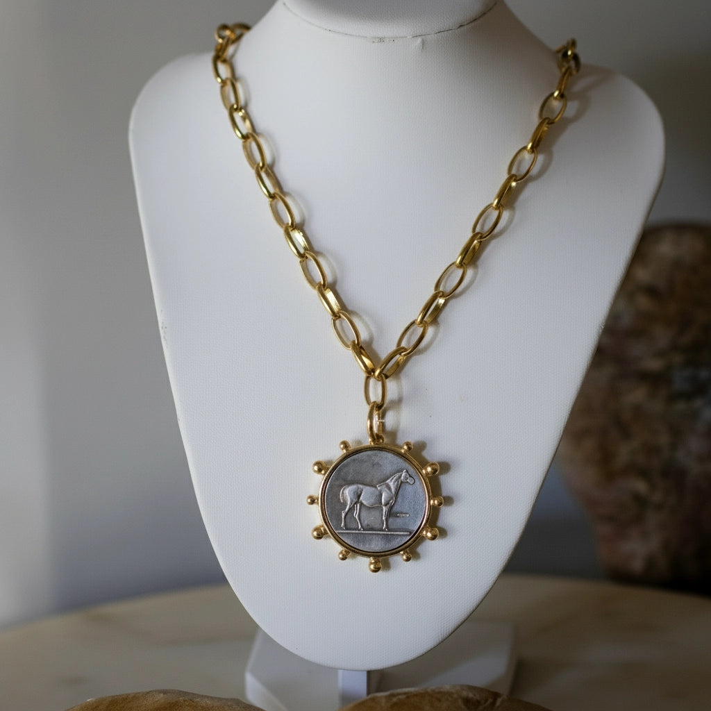 Heritage Horse Coin Necklace 18k Gold Non Tarnish Equestrian Coin
