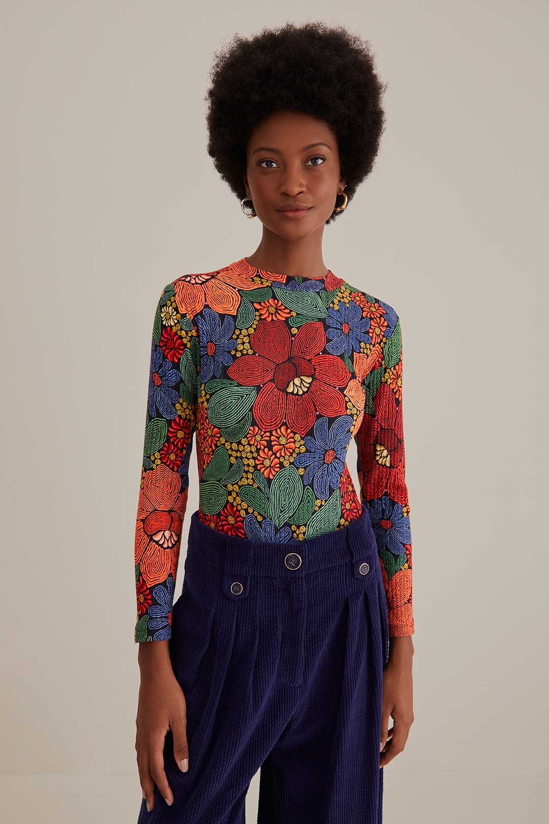 Stitched Flowers Black Long Sleeve Bodysuit - Hemline Monroe