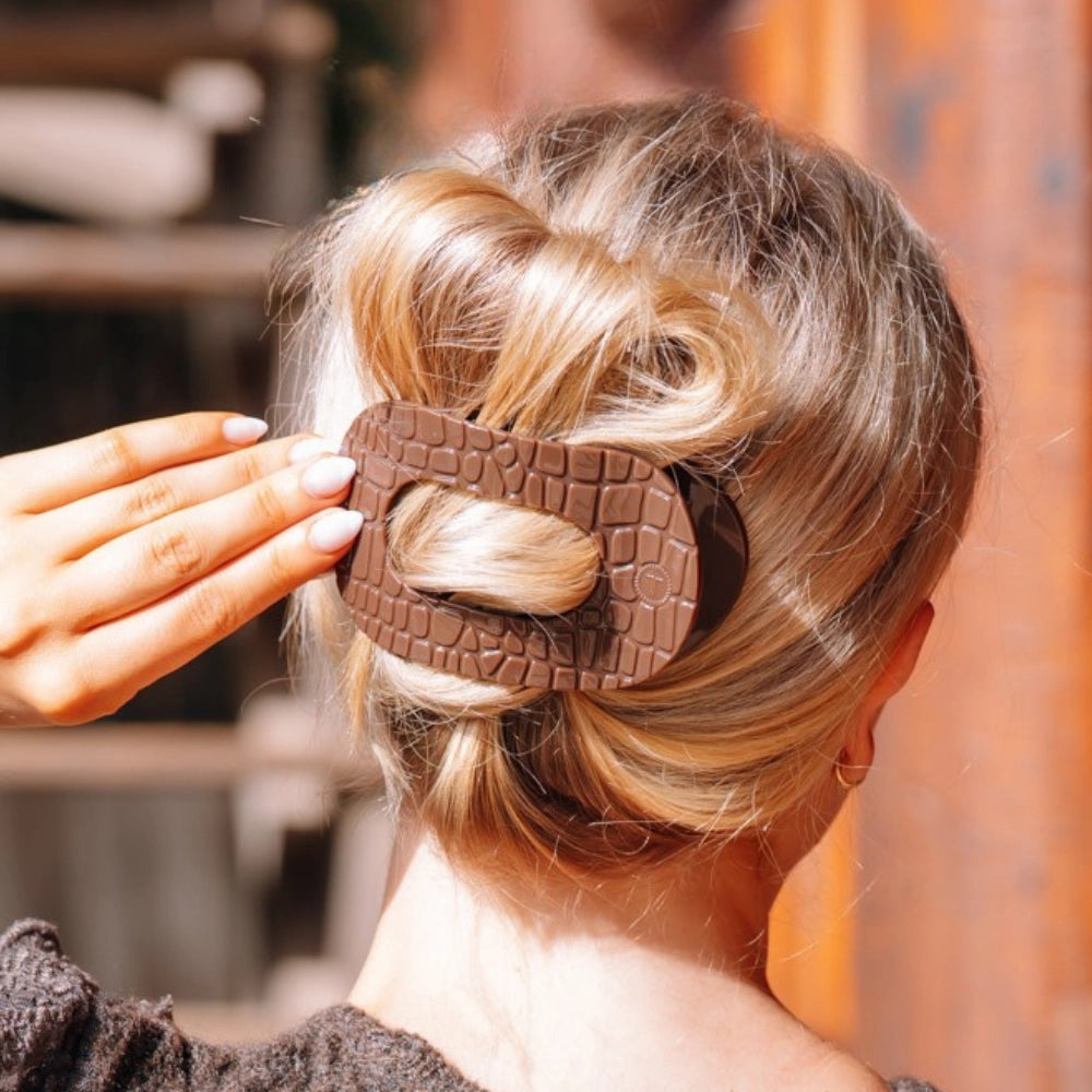 Brown Crocodile Large Flat Round Hair Clip