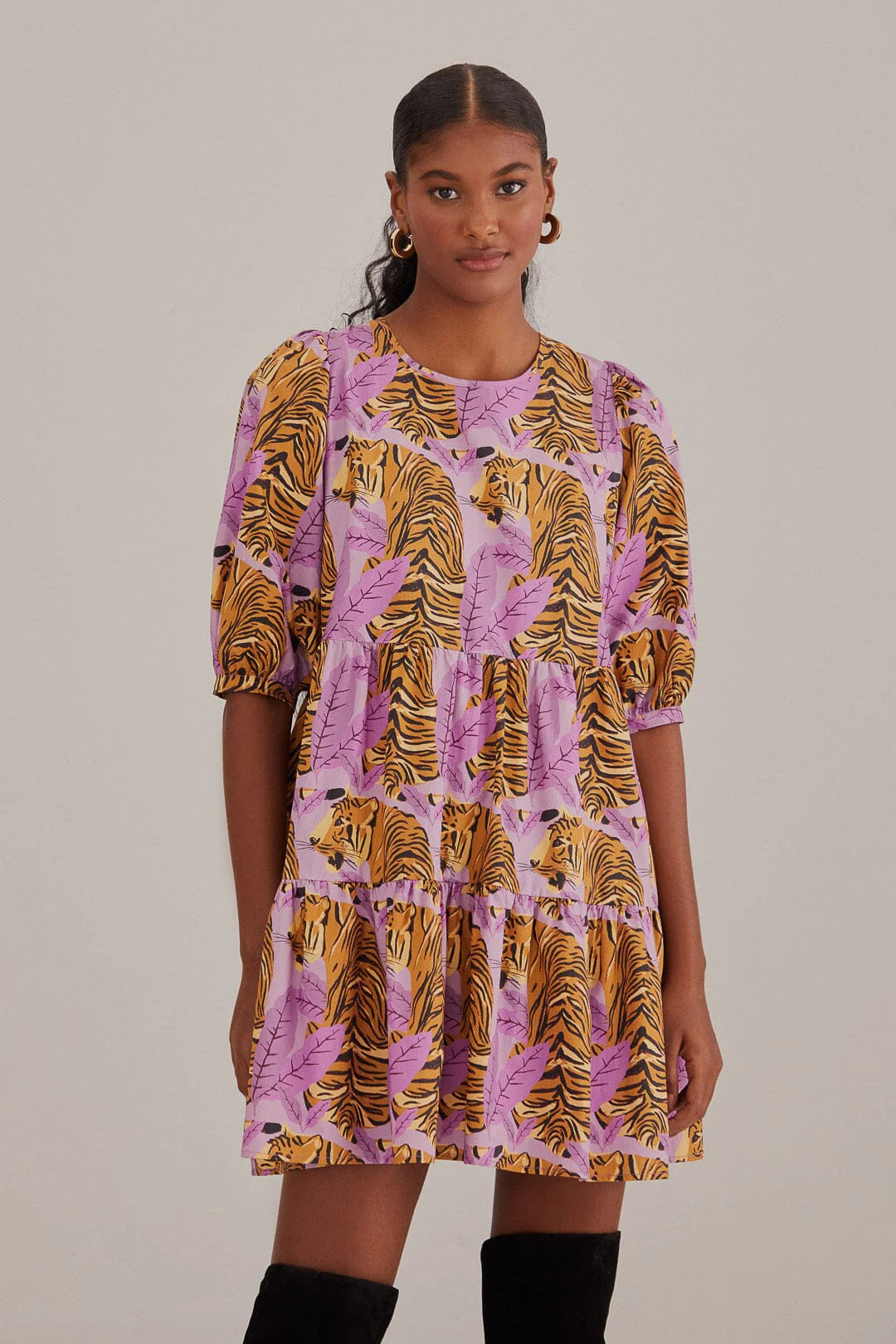 Tiger Leaves Lavender Puff Sleeve Mini Dress
